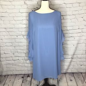 Ann Taylor Factory Blue Organza Long Ruffle Sleeve Shift Dress 10